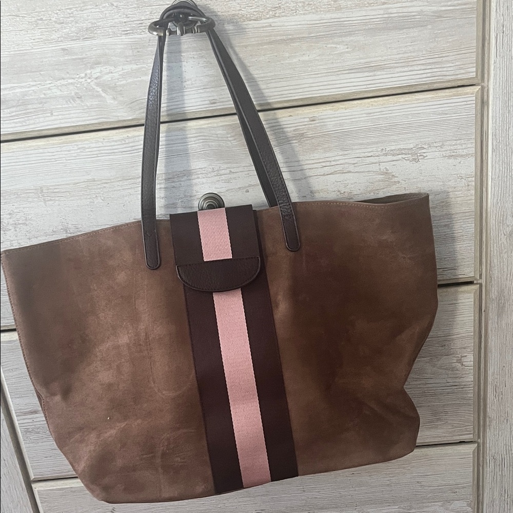 Brown and Pink Tote Bag 21 x 13 Suede